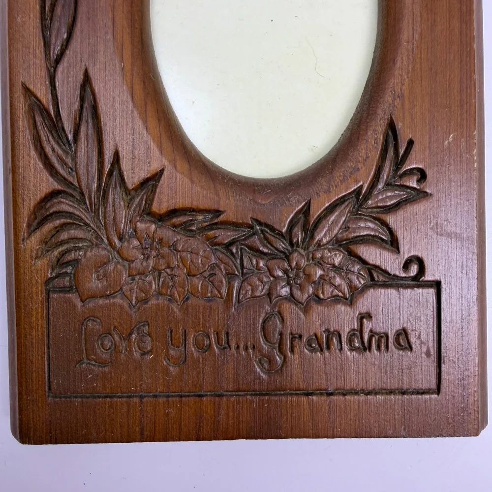 Vintage Cottagecore Home Decor Carved Love you Grandma Picture Frame Brown Wood